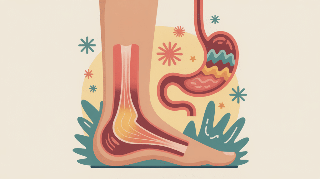 Illustration épine calcanéenne et foie intestin, douleur talon et système digestif