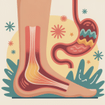 Illustration épine calcanéenne et foie intestin, douleur talon et système digestif