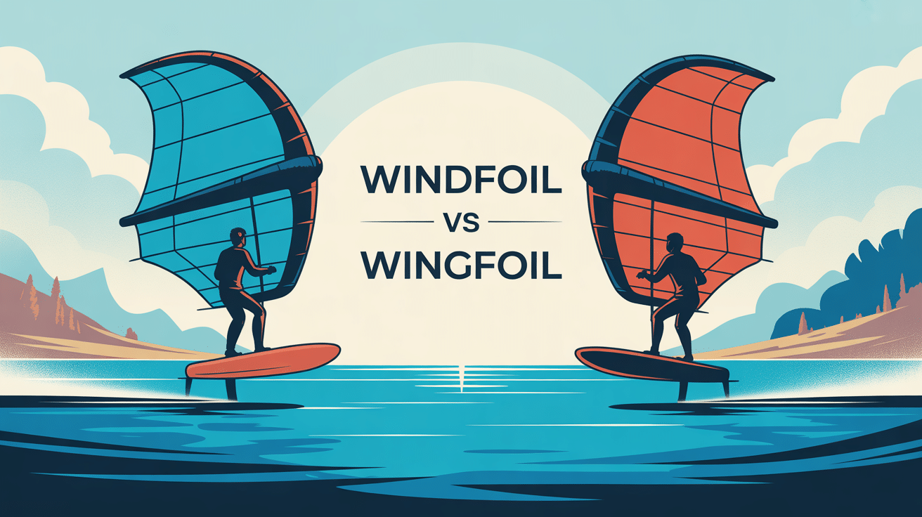 illustration windfoil ou wingfoil sur l'eau, silhouettes côte à côte