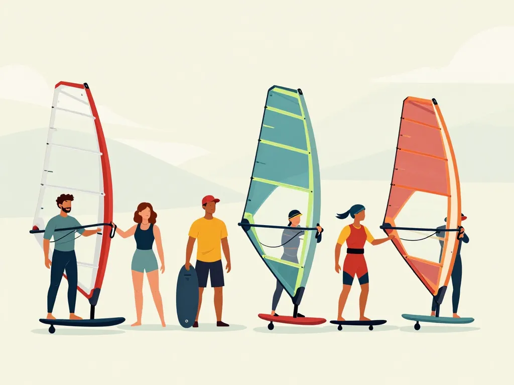 riders de windfoil ou wingfoil selon profil, scène illustrative