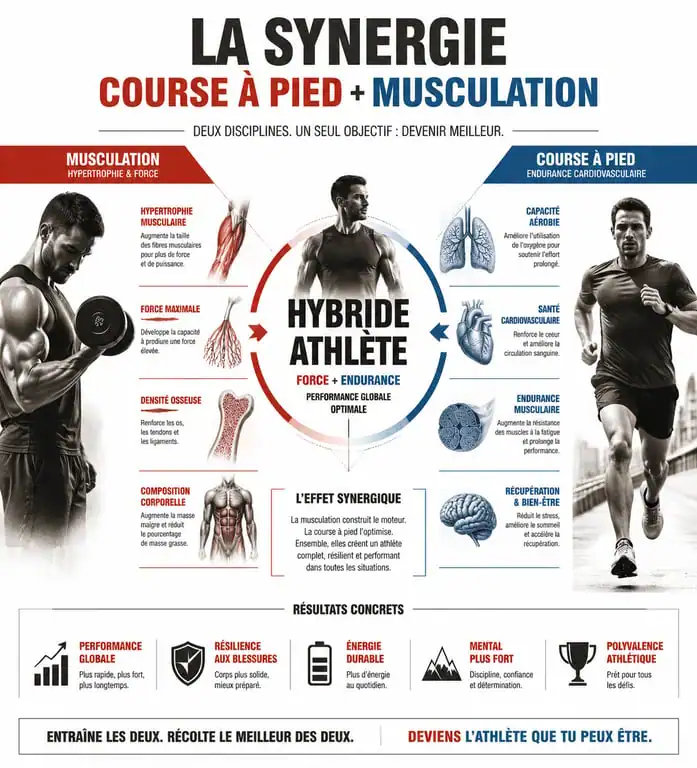 Infographie sur la synergie entre le jogging et la musculation pour un athlète hybride