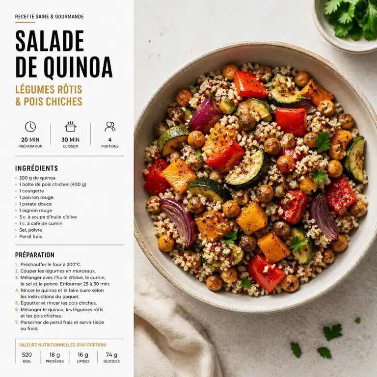 Salade de quinoa aux légumes rôtis et pois chiches pour un repas équilibré selon les 7 groupes d'aliments
