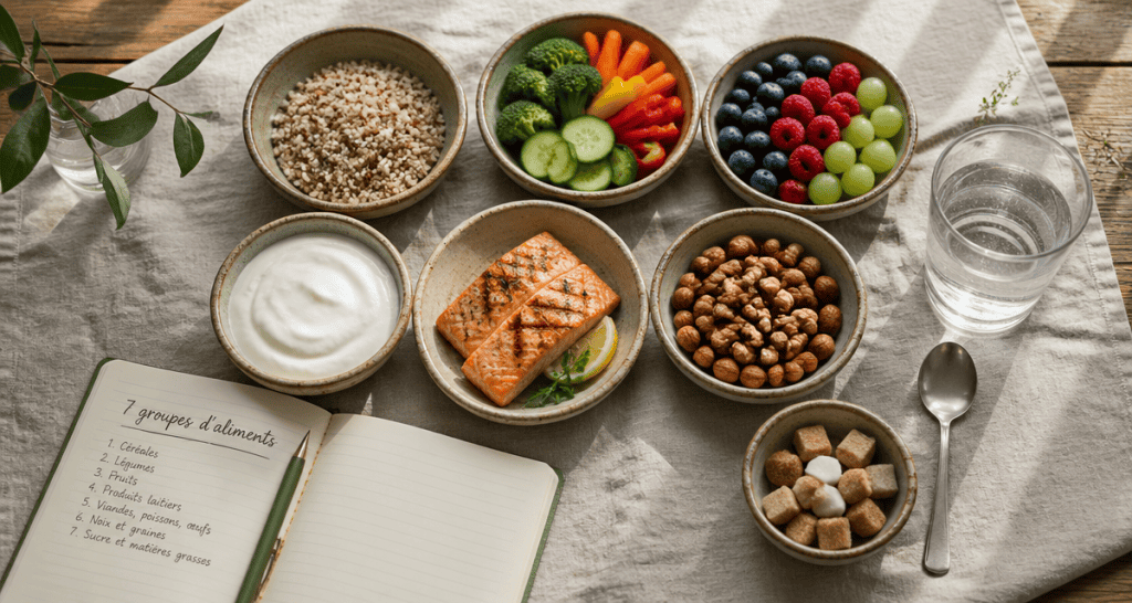 les 7 groupes d aliments tableau bols sur table