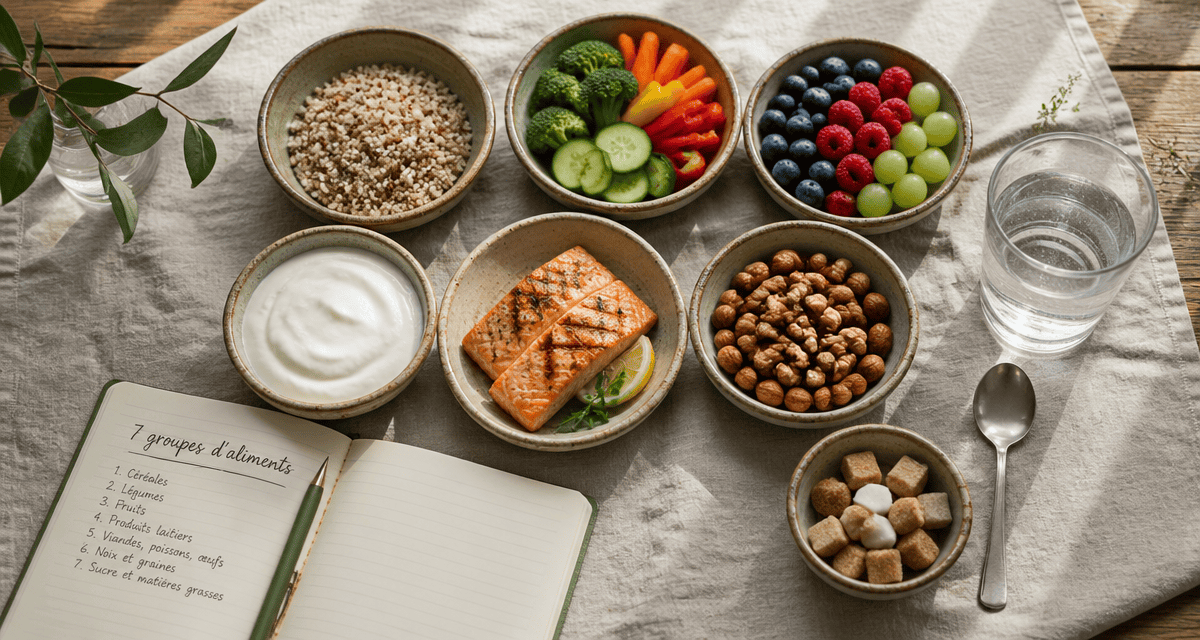 les 7 groupes d aliments tableau bols sur table