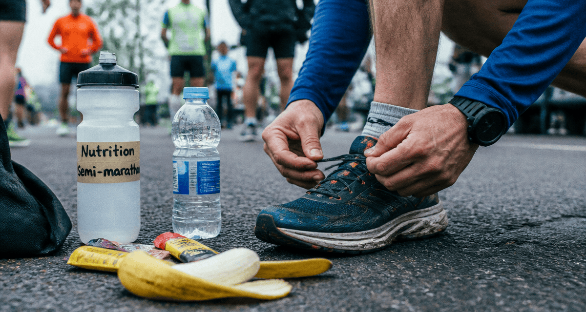 alimentation pour un semi marathon coureur lacets et ravitaillement