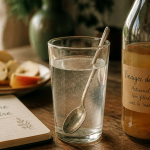 Avantages et inconvenients du vinaigre de cidre, verre d'eau et bouteille artisanale