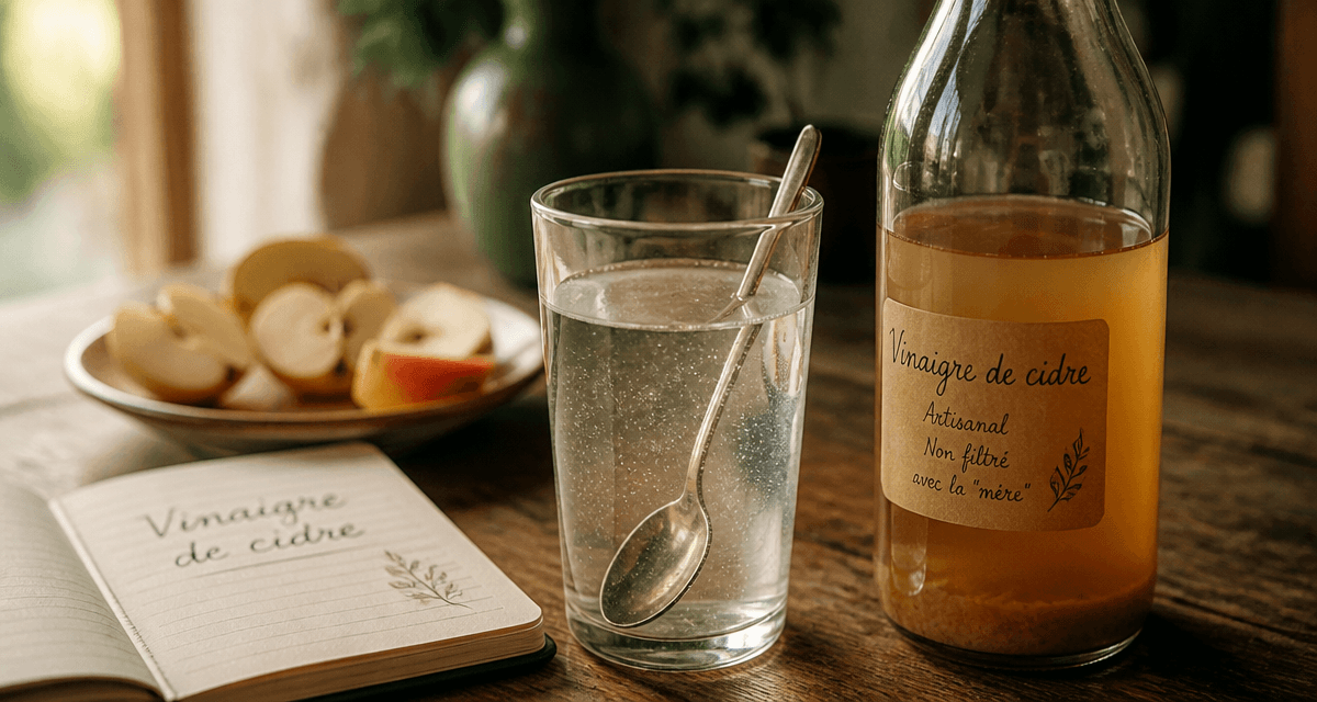 Avantages et inconvenients du vinaigre de cidre, verre d'eau et bouteille artisanale