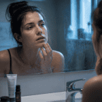 Boutons de stress sur le visage d'une femme devant un miroir