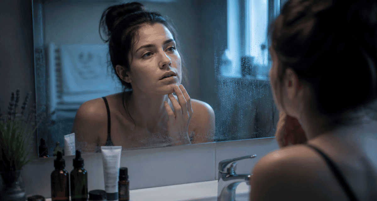 Boutons de stress sur le visage d'une femme devant un miroir