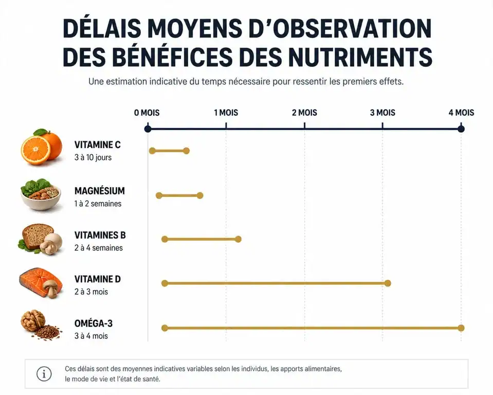 Infographie des délais d'action des vitamines et compléments alimentaires : combien de temps pour ressentir les effets