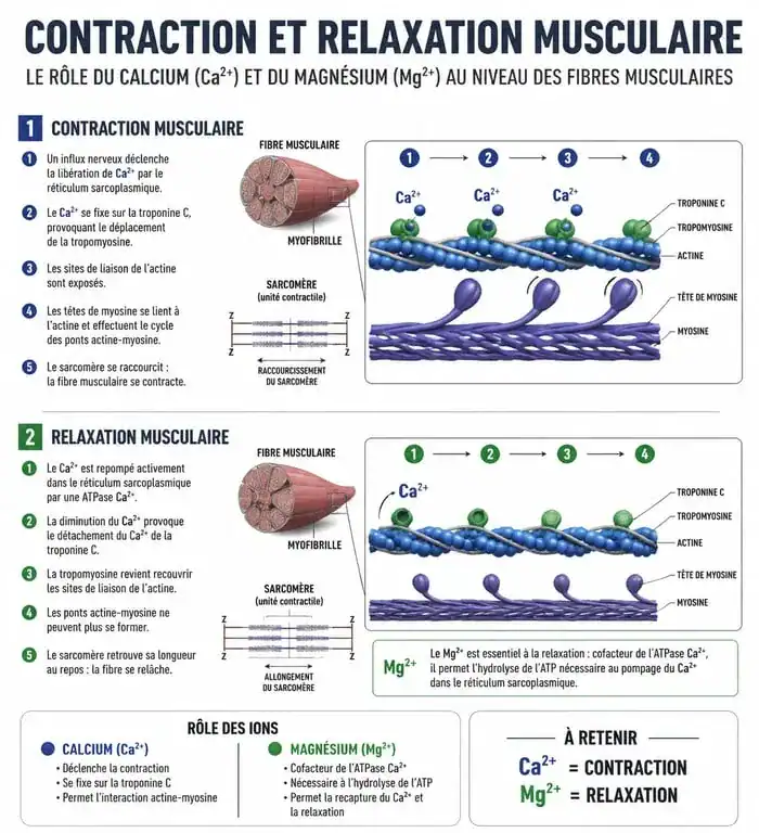 Infographie expliquant le rôle du magnésium dans la relaxation musculaire et la prévention des crampes