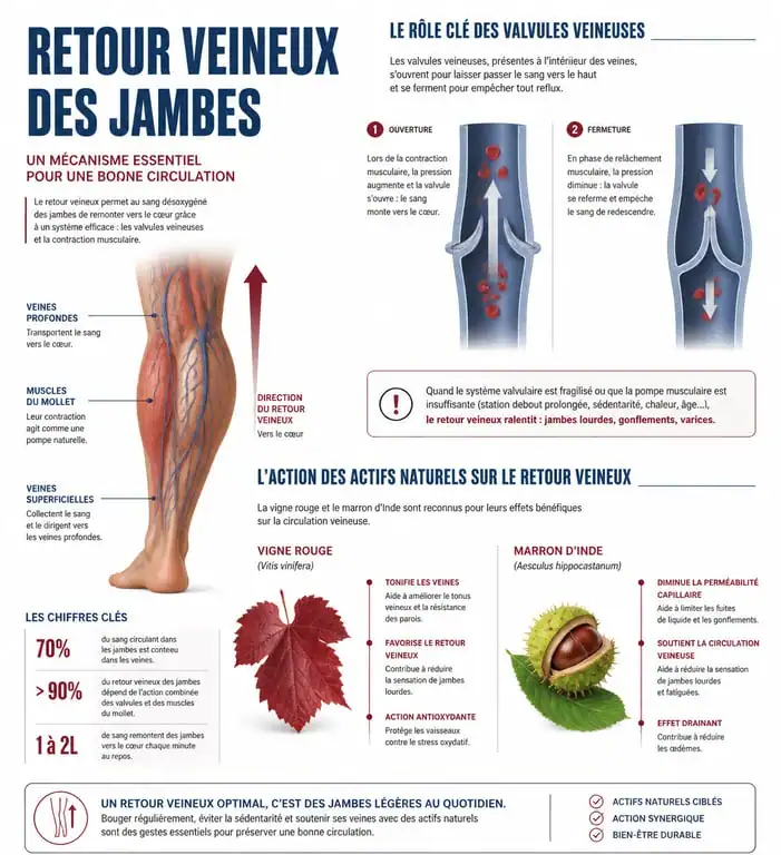 Schéma explicatif du retour veineux et des bienfaits des compléments alimentaires pour la circulation sanguine
