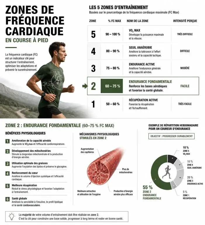 Infographie des zones de fréquence cardiaque en endurance fondamentale pour la course à pied