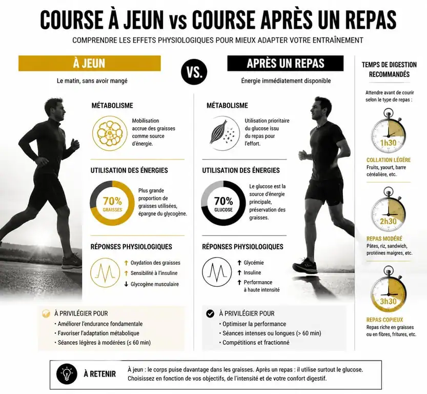 Infographie comparative : courir avant ou après manger, métabolisme et temps de digestion pour la course à pied