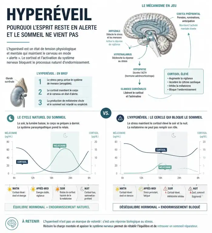 Schéma explicatif de l'hyperéveil et de l'insomnie : pourquoi je suis fatigué mais je n'arrive pas à dormir