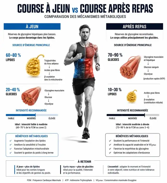 Infographie comparative des bénéfices et mécanismes de la course à jeun pour le coureur
