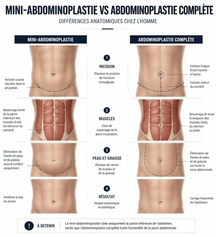 Schéma comparatif des techniques d'abdominoplastie homme : mini-abdominoplastie vs abdominoplastie complète