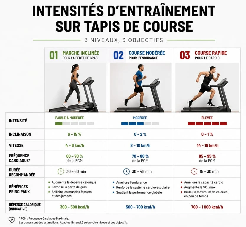 Tableau des équivalences de programme pour tapis de course : vitesse, inclinaison et objectifs