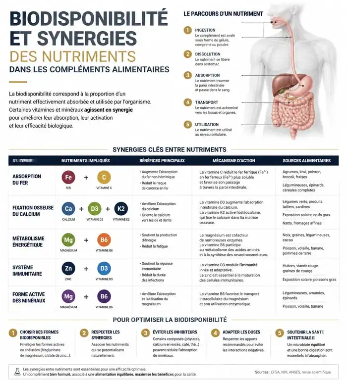 Infographie sur la biodisponibilité et les synergies des multi vitamines et minéraux pour optimiser la santé.