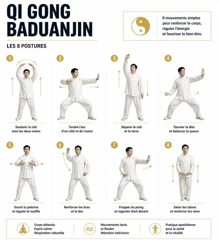 Infographie des 8 postures du Qi Gong Baduanjin pour la pratique quotidienne