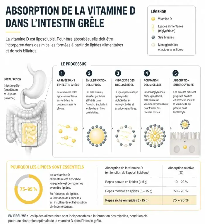 Infographie sur l'absorption de la vitamine D et l'importance des lipides pour maximiser l'efficacité de la supplémentation