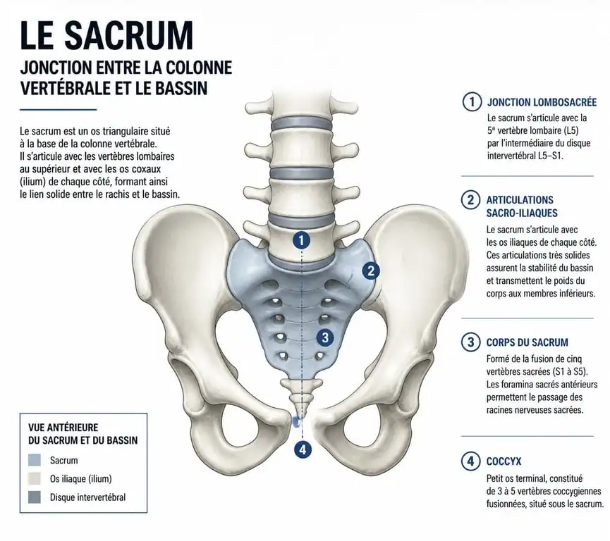 Schéma anatomique du sacrum pour comprendre la fracture du sacrum et la rééducation