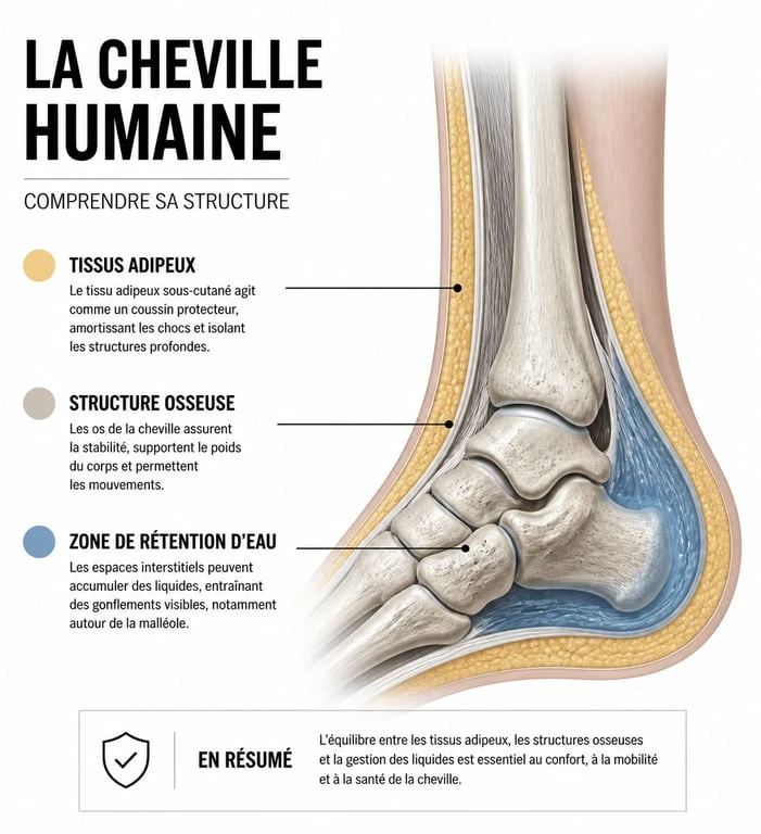 Schéma anatomique expliquant les causes de l'épaisseur des chevilles pour aider à comprendre comment affiner ses chevilles.