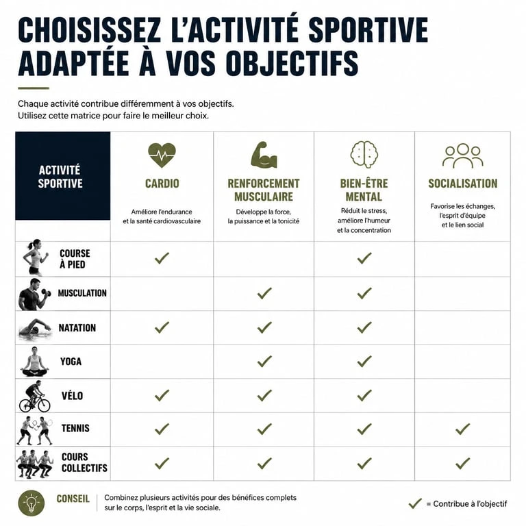 Infographie des bénéfices des activités sportives selon les objectifs pour choisir son sport