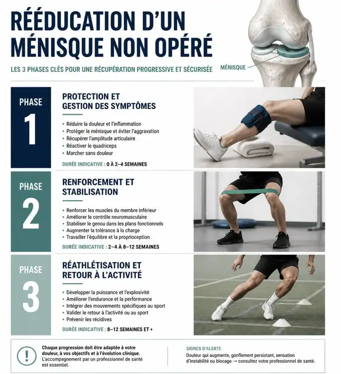 Infographie des 3 phases de la rééducation ménisque non opéré