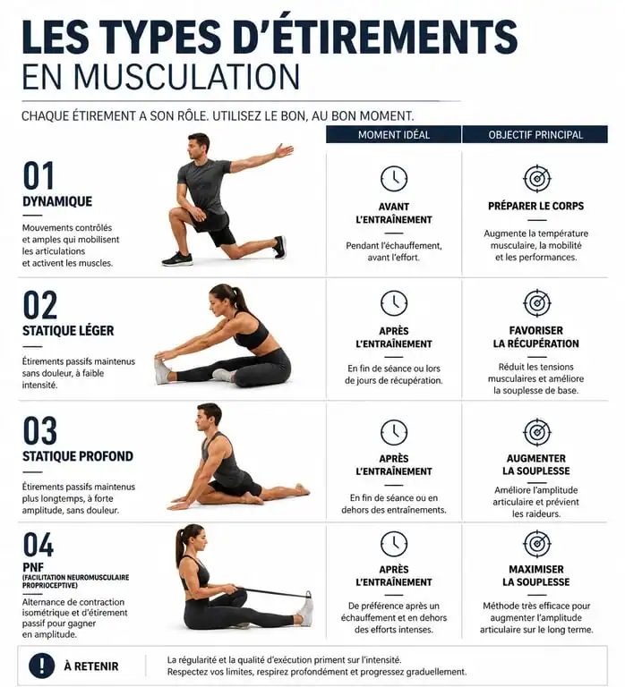 Infographie sur les types d'étirements en musculation et leur timing
