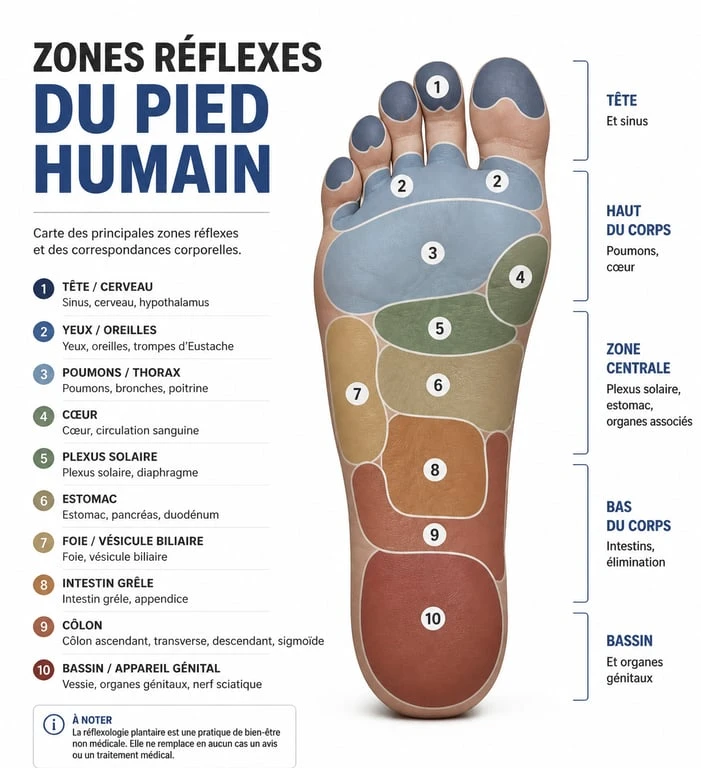 Infographie des zones réflexes du pied pour le massage des pieds