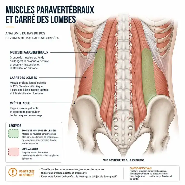 Schéma anatomique des muscles pour le massage du bas du dos