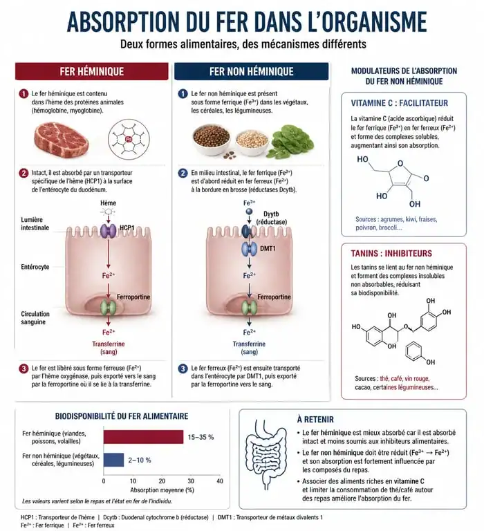 Infographie sur l'absorption du fer alimentaire et les aliments riches en fer pour prévenir l'anémie