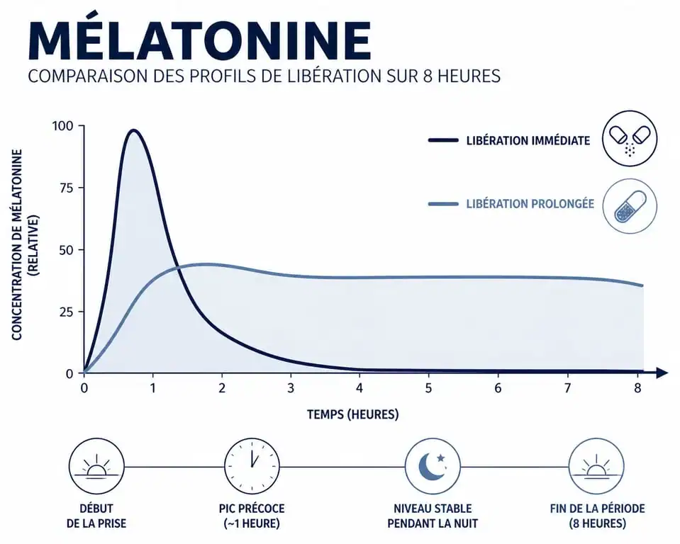 Schéma comparatif des courbes de concentration de la mélatonine à libération prolongée et immédiate