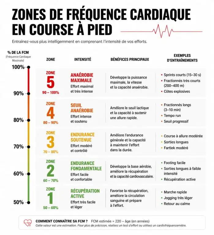 Infographie des zones de fréquence cardiaque pour la course à pied