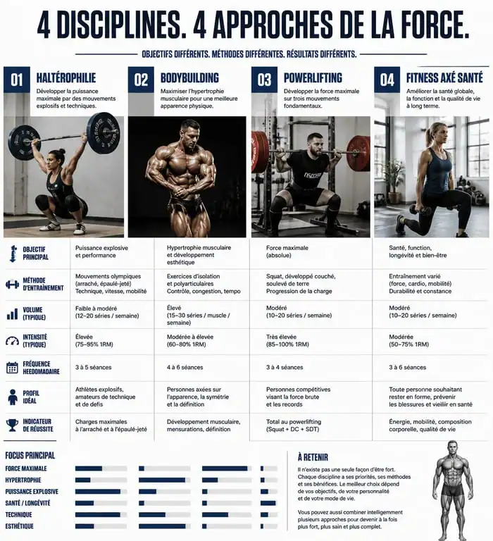 Infographie comparative des disciplines de musculation : haltérophilie, culturisme, force athlétique et fitness santé