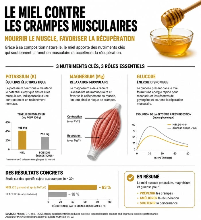 Infographie expliquant les bienfaits du miel contre les crampes musculaires et son action sur le métabolisme.