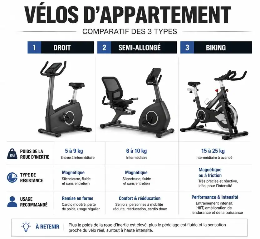 Infographie comparative des types de vélos d'appartement pour choisir le meilleur vélo d'appartement selon ses besoins.