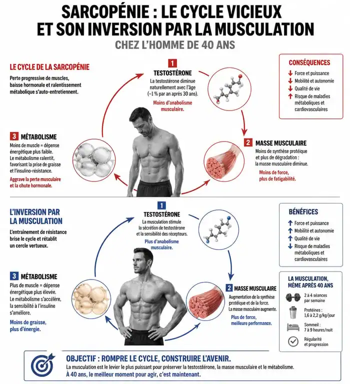 Infographie musculation homme 40 ans et bienfaits hormonaux