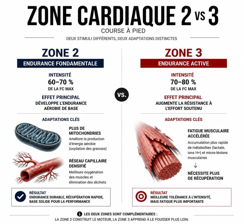 Comparaison visuelle des zones cardiaques 2 et 3 pour l'endurance fondamentale en course à pied