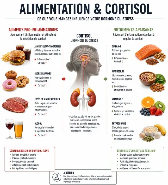 Infographie sur l'impact de l'alimentation sur le taux de cortisol et les aliments à éviter pour réduire le stress
