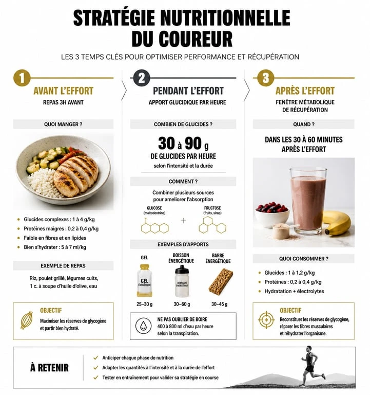 Infographie sur la stratégie d'alimentation en course à pied : avant, pendant et après l'effort