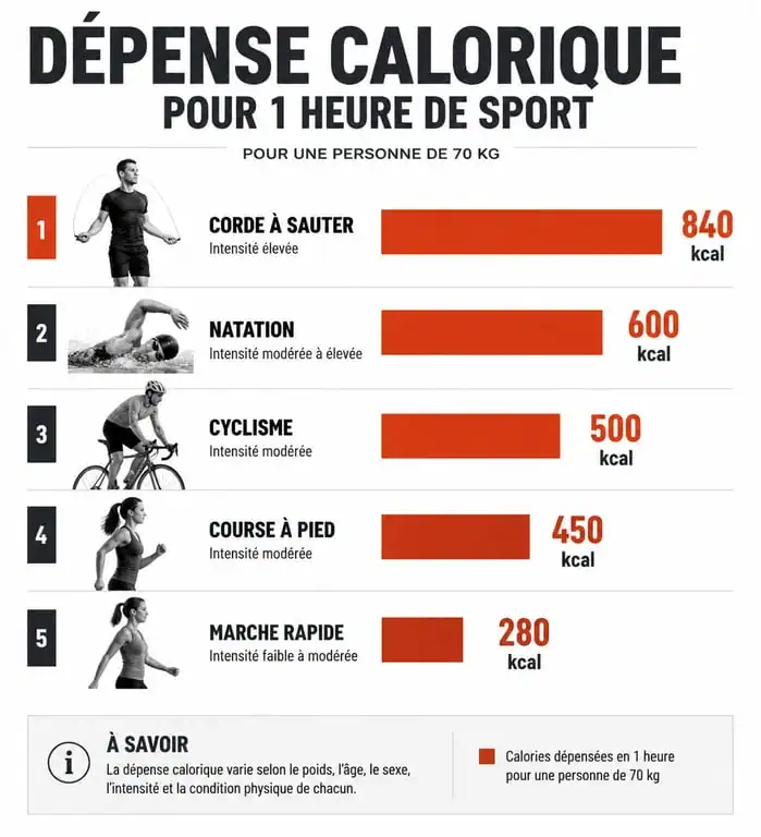 Infographie comparative des calories brûlées par heure selon l'activité sportive