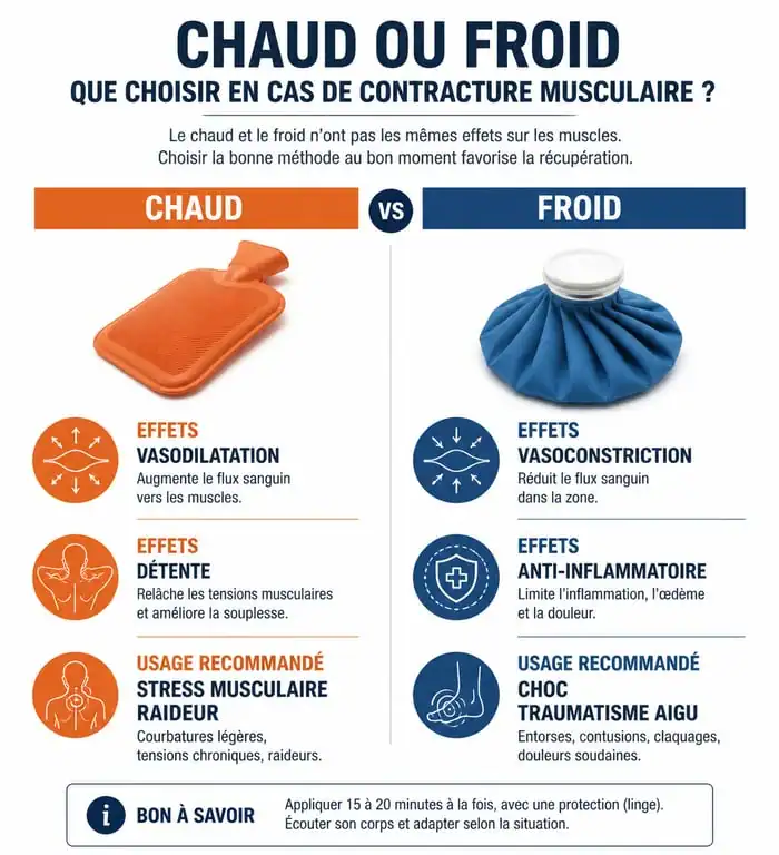 Infographie comparative chaud ou froid sur contracture musculaire : quand et pourquoi choisir l'un ou l'autre