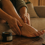Personne masse les pieds sur canapé