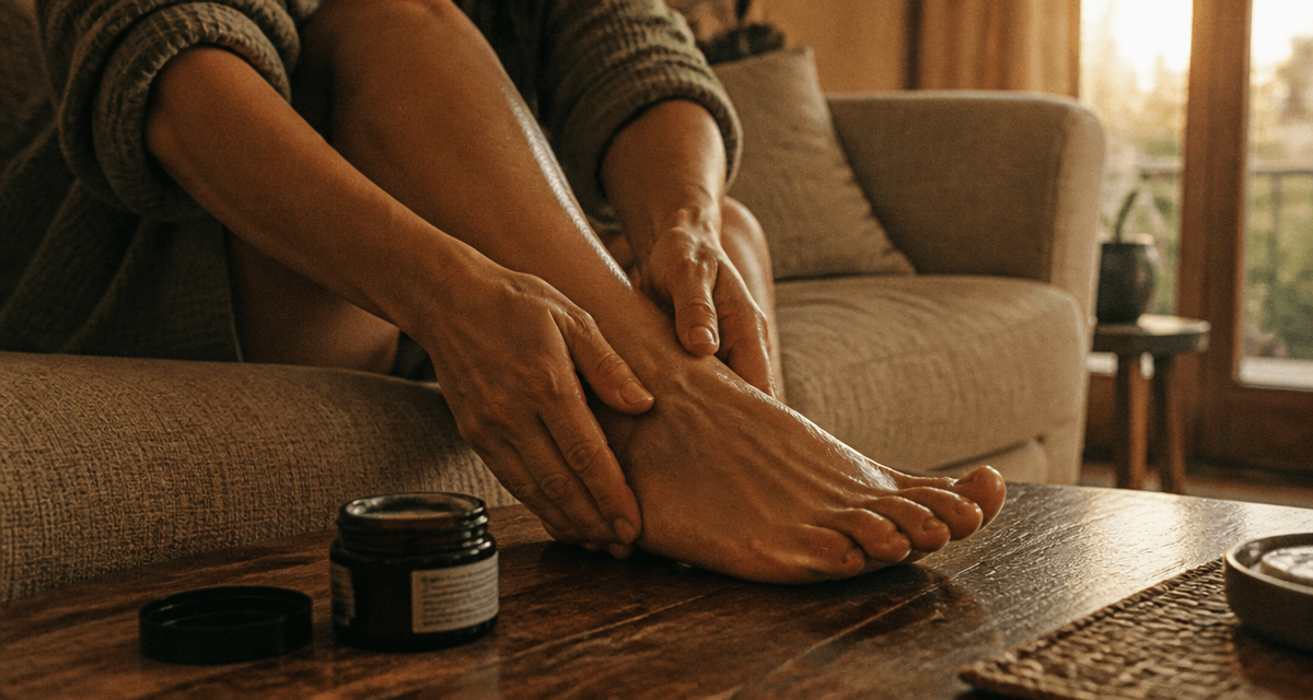 Personne masse les pieds sur canapé