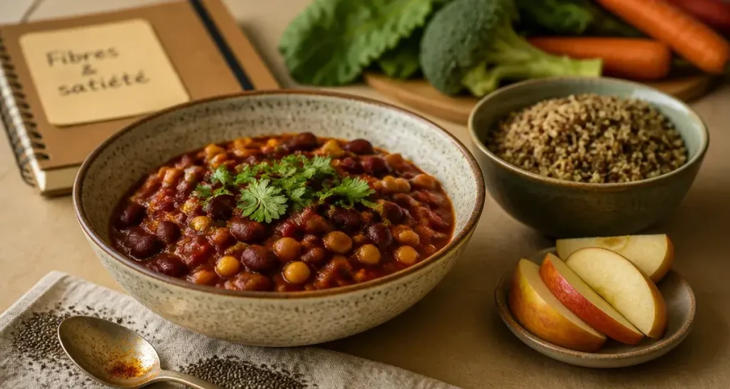 Aliments riches en fibres pour maigrir, assiette chili, quinoa et graines de chia, satiété