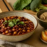 Aliments riches en fibres pour maigrir, assiette chili, quinoa et graines de chia, satiété