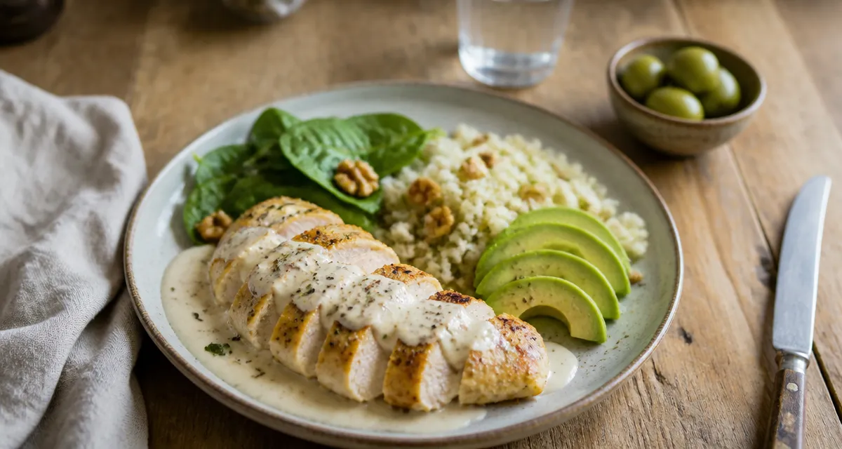assiette aliments pauvre en glucide poulet avocat riz chou-fleur