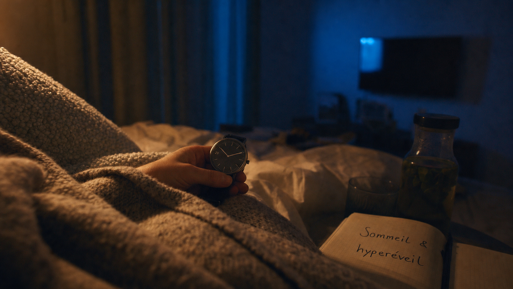 Chambre à 23h23 : main tenant une montre, insomnie et hyperéveil — comment s endormir vite quand on est pas fatigue
